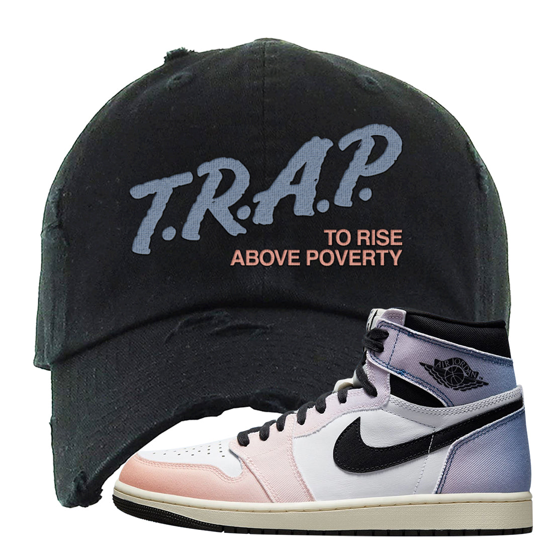 Skyline 1s Distressed Dad Hat | Trap To Rise Above Poverty, Black