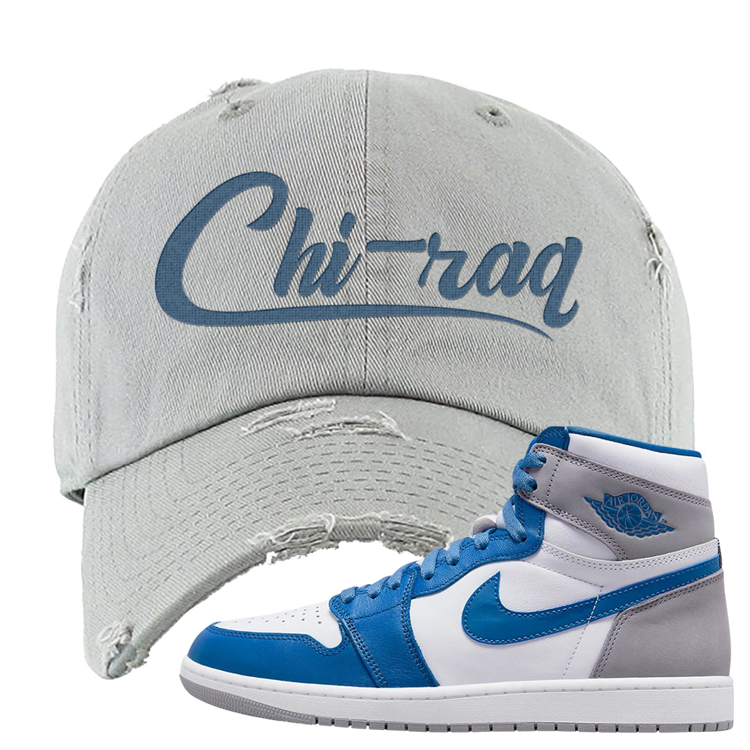 True Blue 1s Distressed Dad Hat | Chiraq, Light Gray