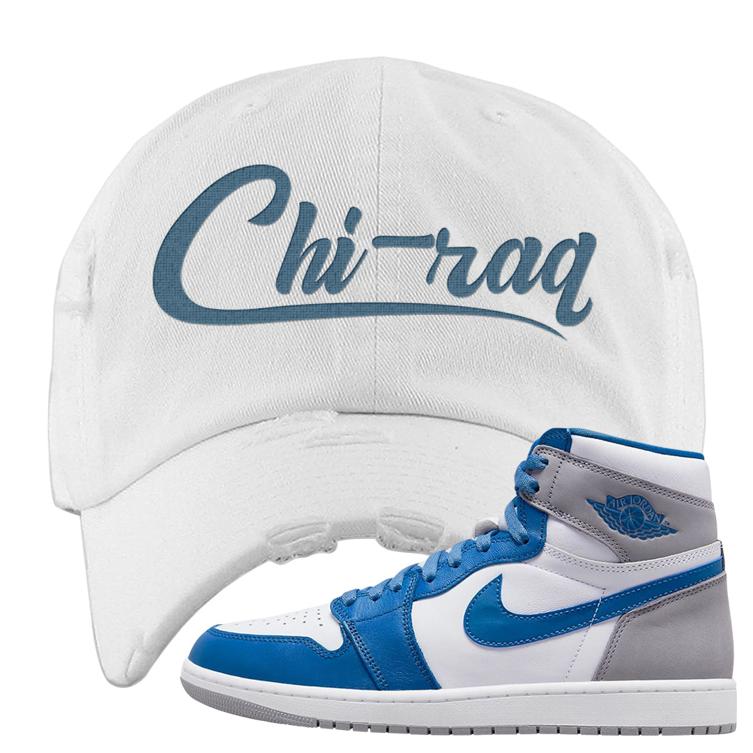 True Blue 1s Distressed Dad Hat | Chiraq, White