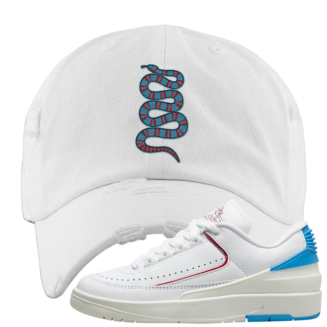 UNC to Chi Low 2s Distressed Dad Hat | Coiled Snake, White