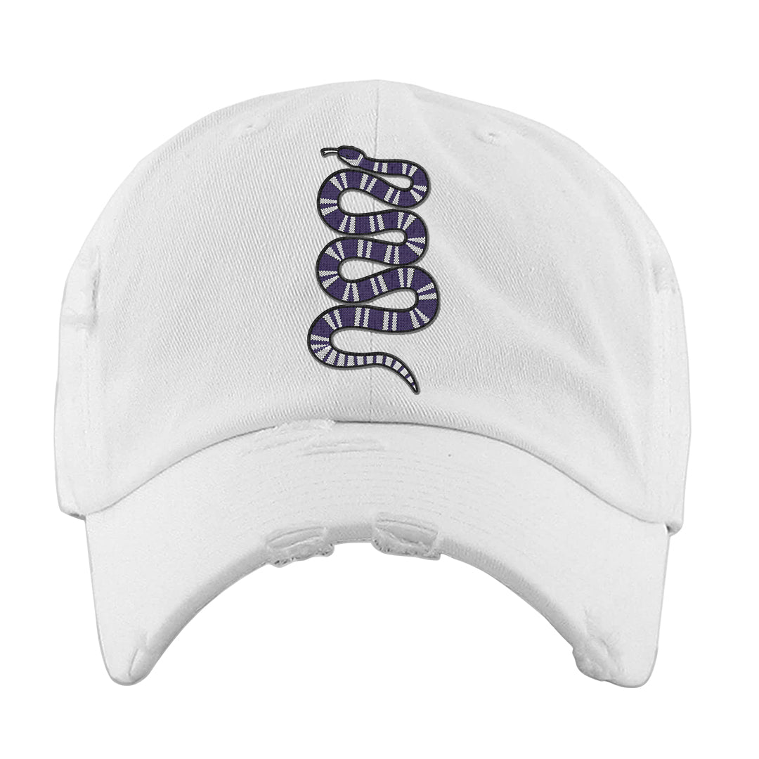 Dark Iris 3s Distressed Dad Hat | Coiled Snake, White