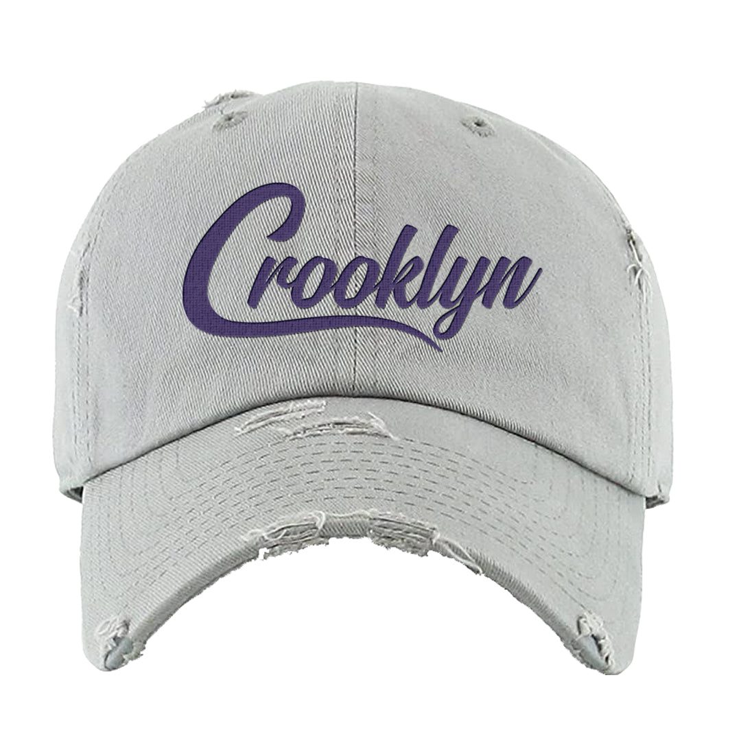 Dark Iris 3s Distressed Dad Hat | Crooklyn, Light Gray