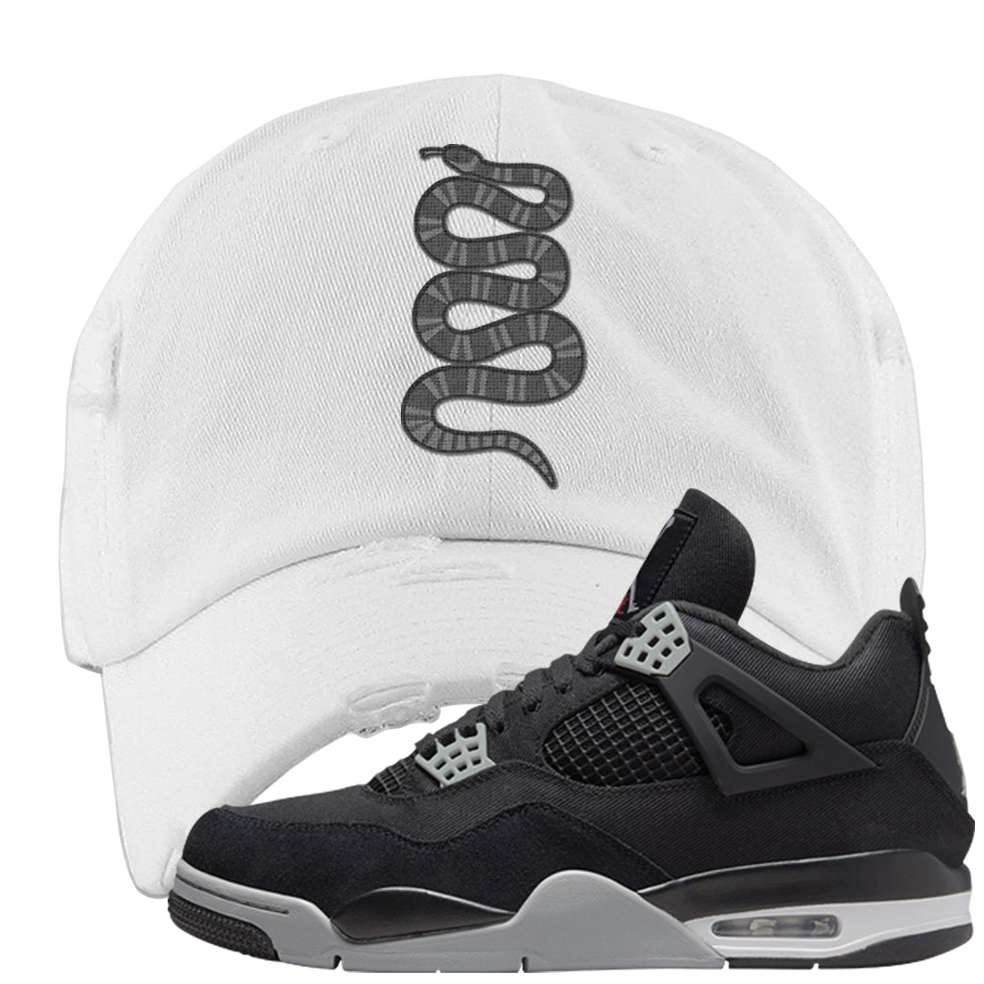 Black Canvas 4s Distressed Dad Hat | Coiled Snake, White