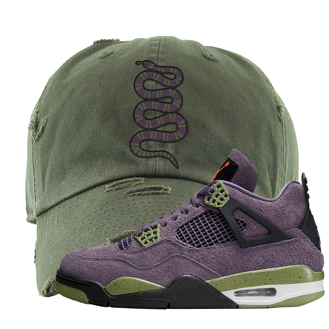 Canyon Purple 4s Distressed Dad Hat | Coiled Snake, Olive
