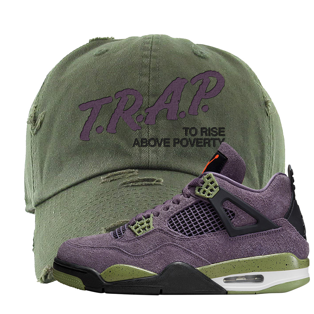 Canyon Purple 4s Distressed Dad Hat | Trap To Rise Above Poverty, Olive