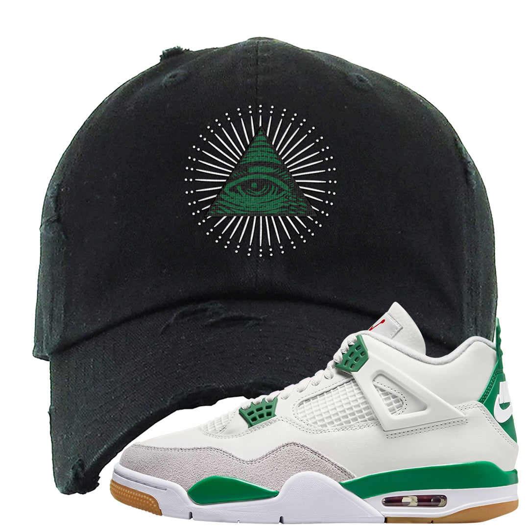 Pine Green SB 4s Distressed Dad Hat | All Seeing Eye, Black