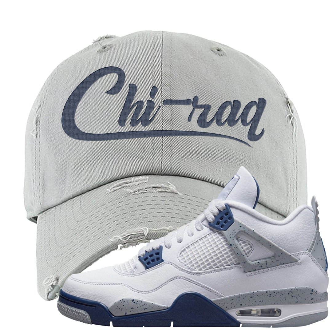 White Midnight Navy 4s Distressed Dad Hat | Chiraq, Light Gray