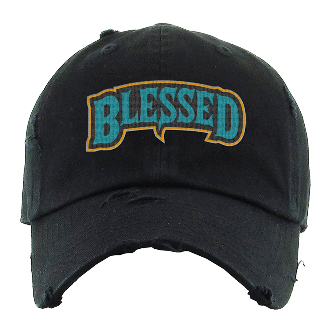 Aqua 5s Distressed Dad Hat | Blessed Arch, Black