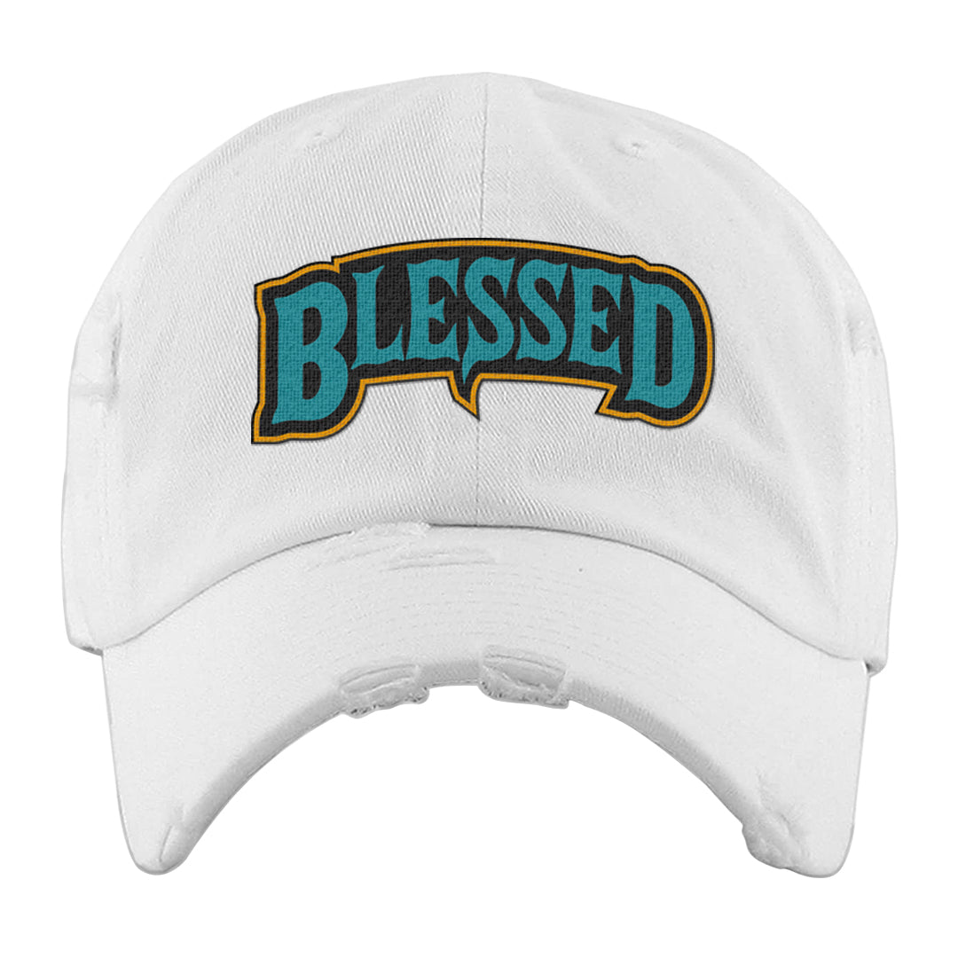 Aqua 5s Distressed Dad Hat | Blessed Arch, White