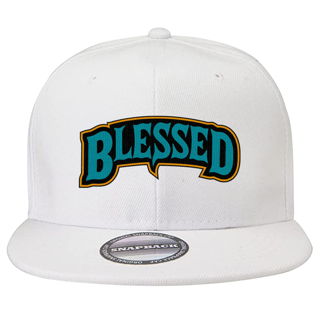 Aqua 5s Snapback Hat | Blessed Arch, White
