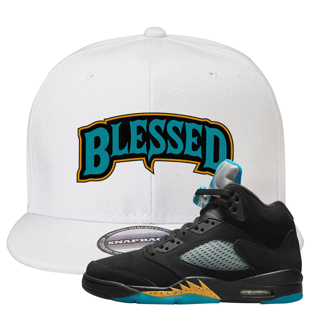 Aqua 5s Snapback Hat | Blessed Arch, White
