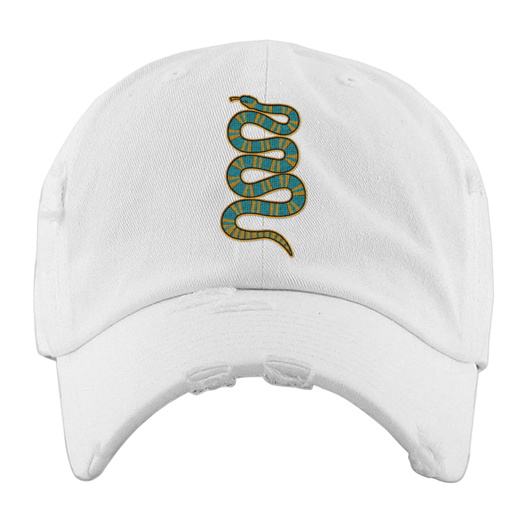 Aqua 5s Distressed Dad Hat | Coiled Snake, White