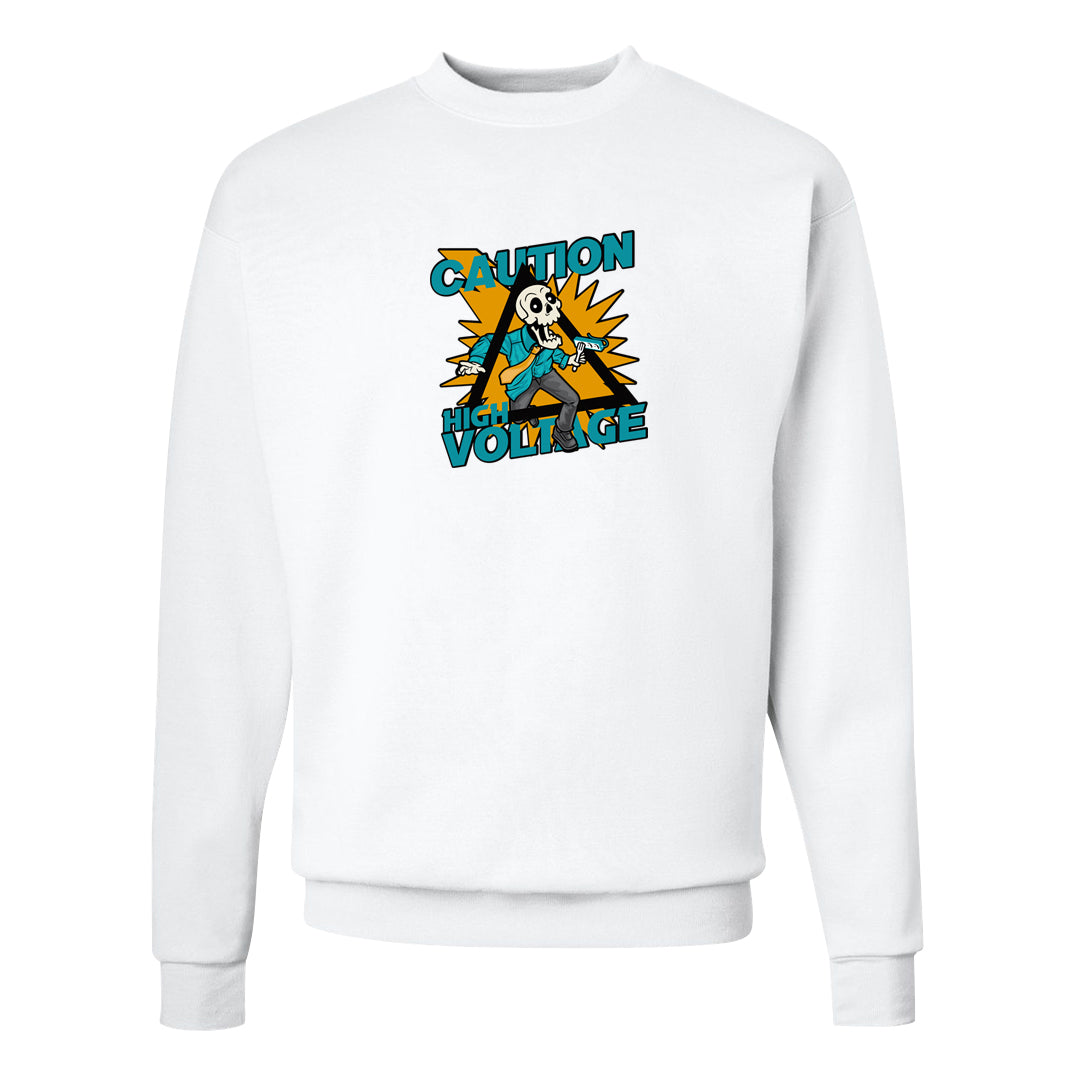 Aqua 5s Crewneck Sweatshirt | Caution High Voltage, White