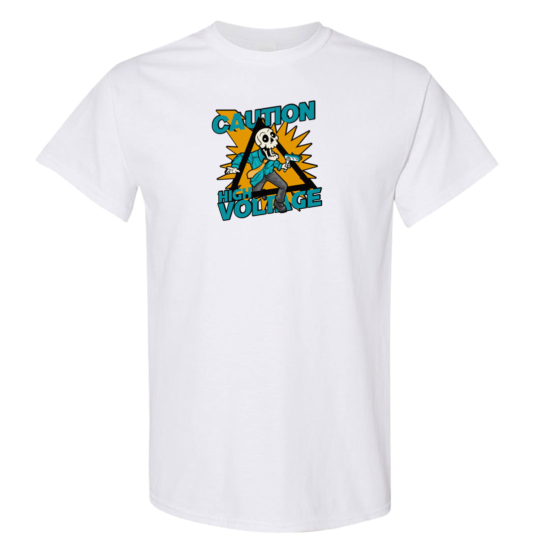 Aqua 5s T Shirt | Caution High Voltage, White