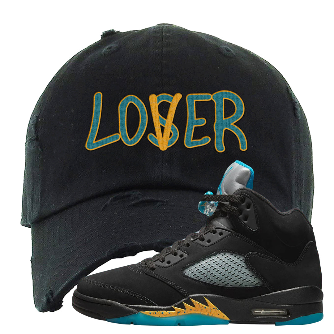Aqua 5s Distressed Dad Hat | Lover, Black