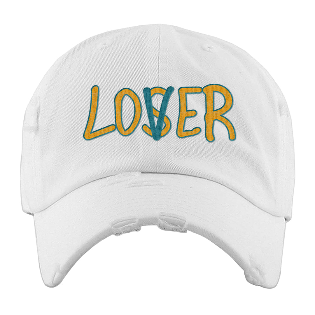 Aqua 5s Distressed Dad Hat | Lover, White