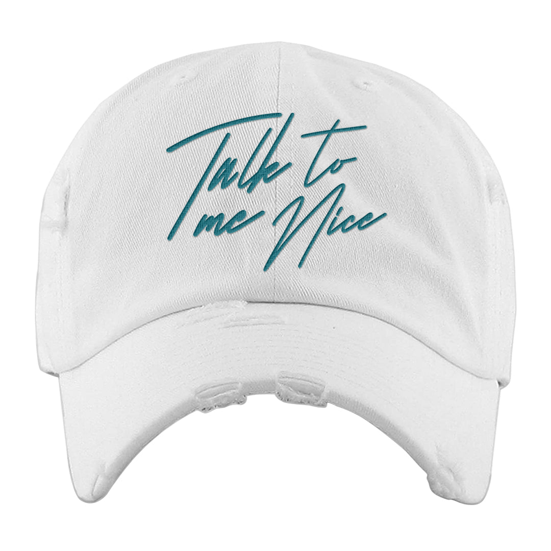 Aqua 5s Distressed Dad Hat | Talk To Me Nice, White