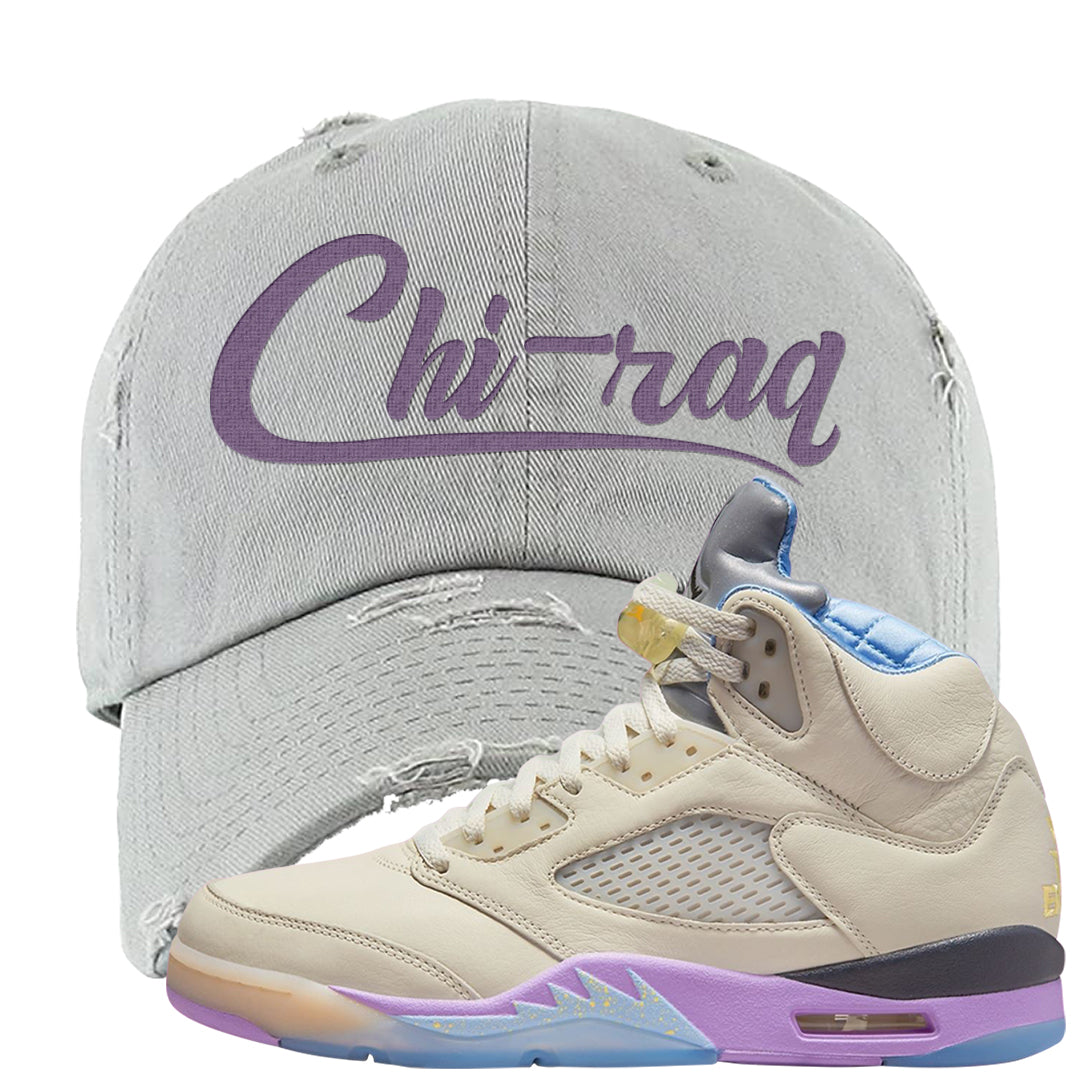 Sail Washed Yellow Violet Star 5s Distressed Dad Hat | Chiraq, Light Gray