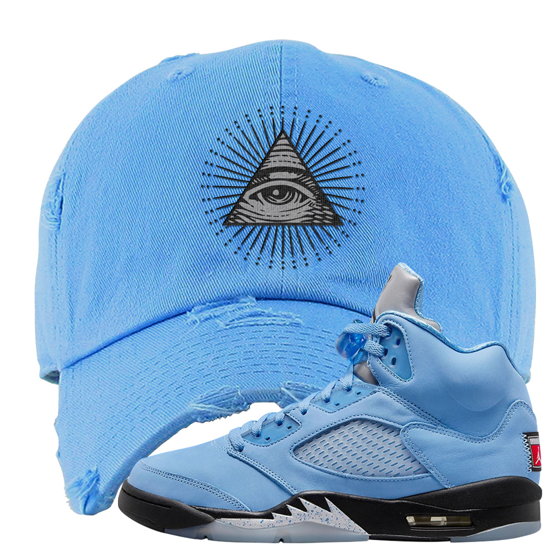 UNC 5s Distressed Dad Hat | All Seeing Eye, Carolina Blue