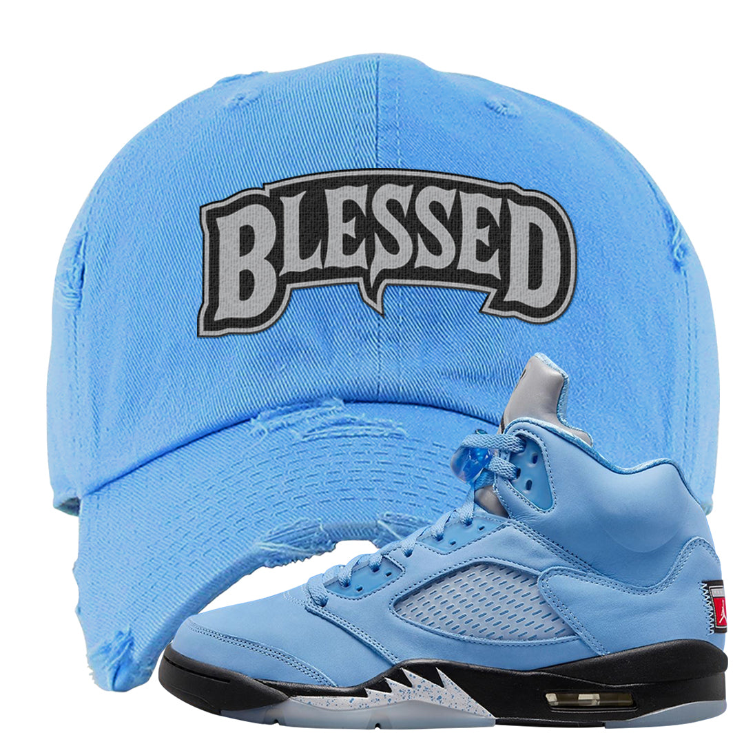 UNC 5s Distressed Dad Hat | Blessed Arch, Carolina Blue