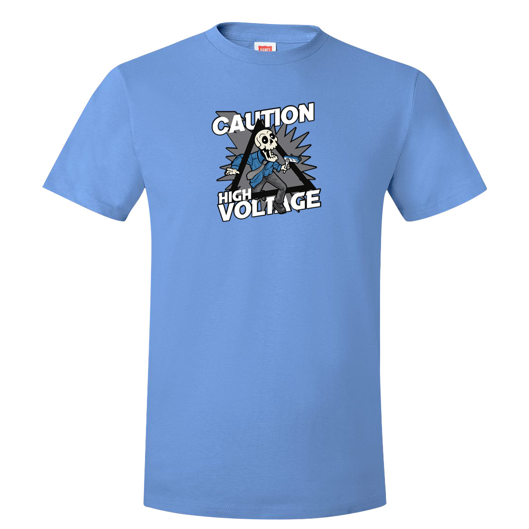 UNC 5s T Shirt | Caution High Voltage, Carolina Blue