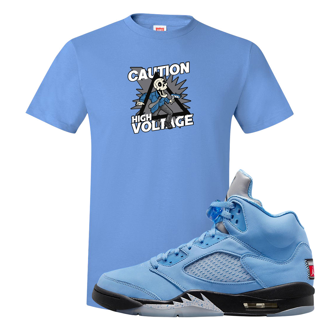 UNC 5s T Shirt | Caution High Voltage, Carolina Blue