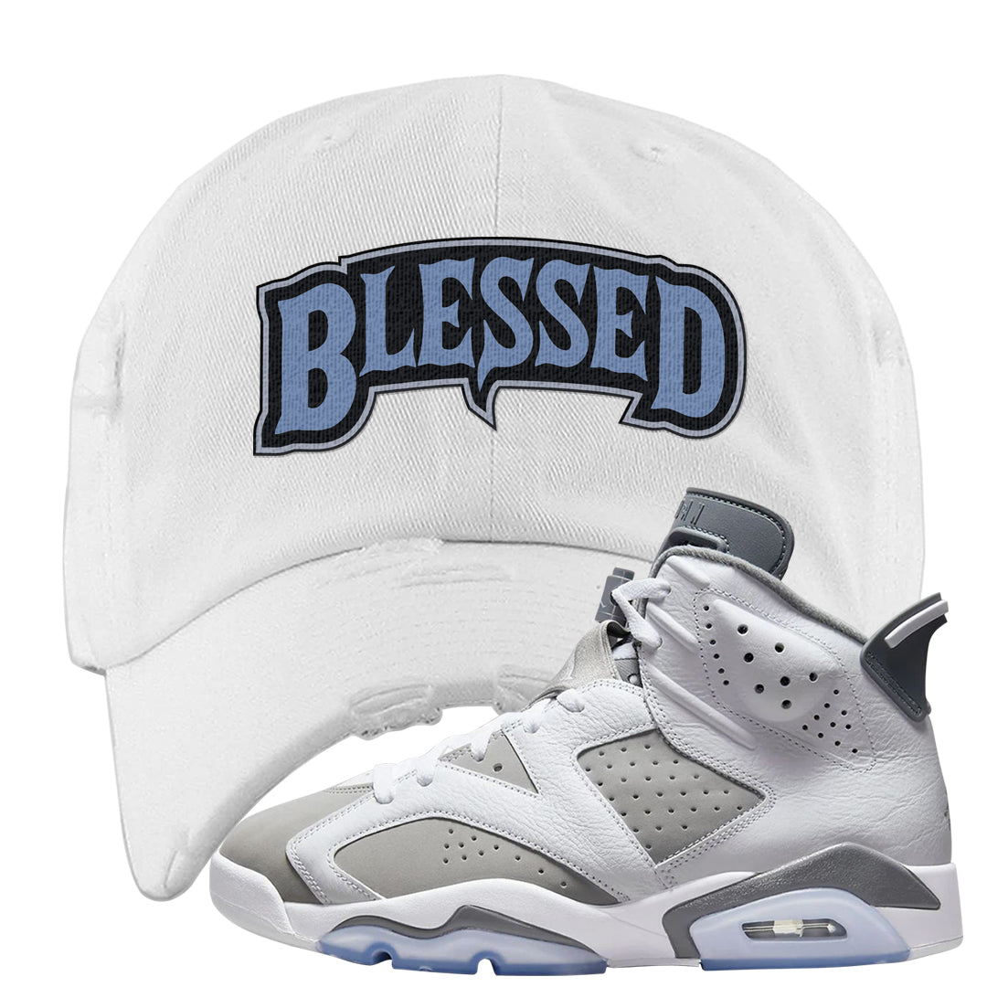 Cool Grey 6s Distressed Dad Hat | Blessed Arch, White