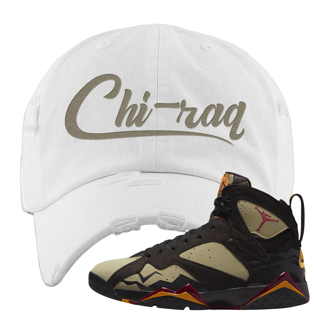 Black Olive 7s Distressed Dad Hat | Chiraq, White