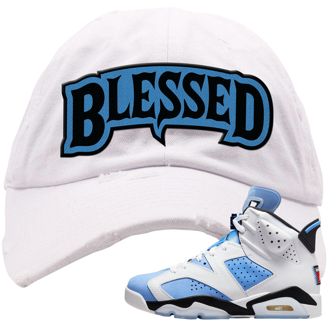 UNC 6s Distressed Dad Hat | Blessed Arch, White