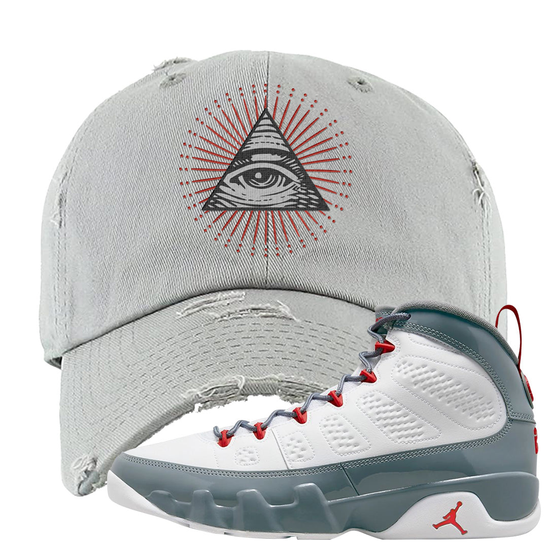 Fire Red 9s Distressed Dad Hat | All Seeing Eye, Light Gray