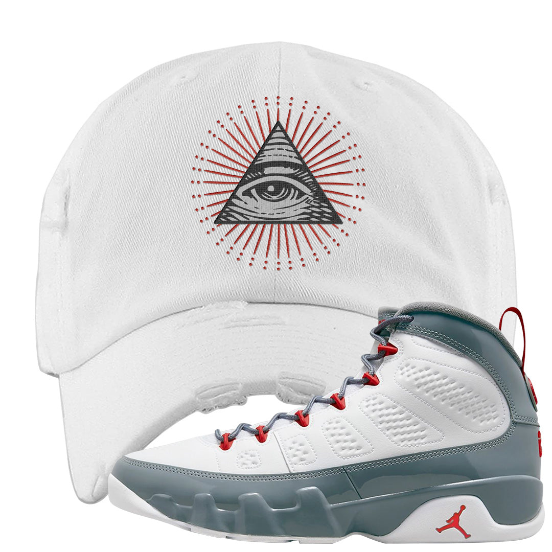Fire Red 9s Distressed Dad Hat | All Seeing Eye, White