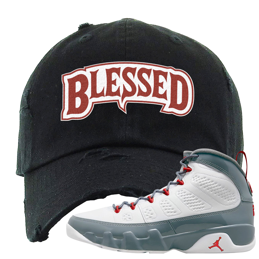 Fire Red 9s Distressed Dad Hat | Blessed Arch, Black