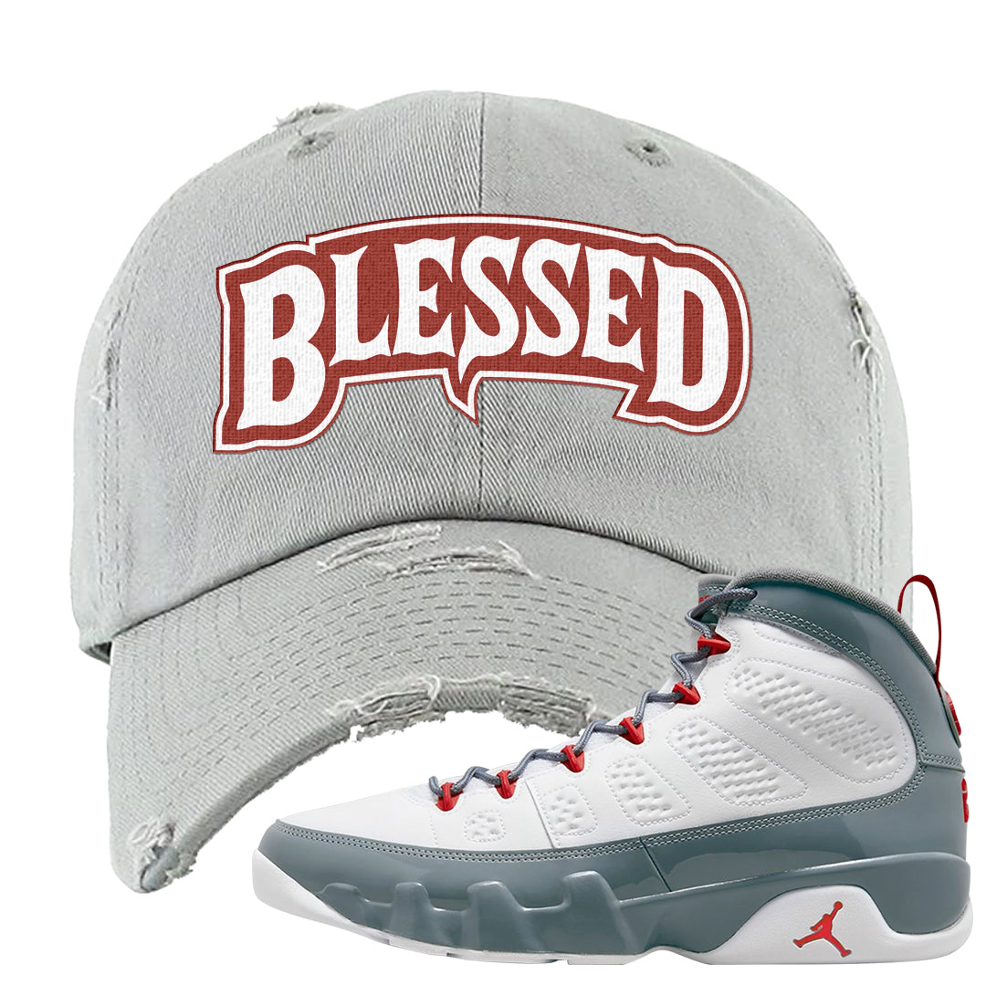 Fire Red 9s Distressed Dad Hat | Blessed Arch, Light Gray