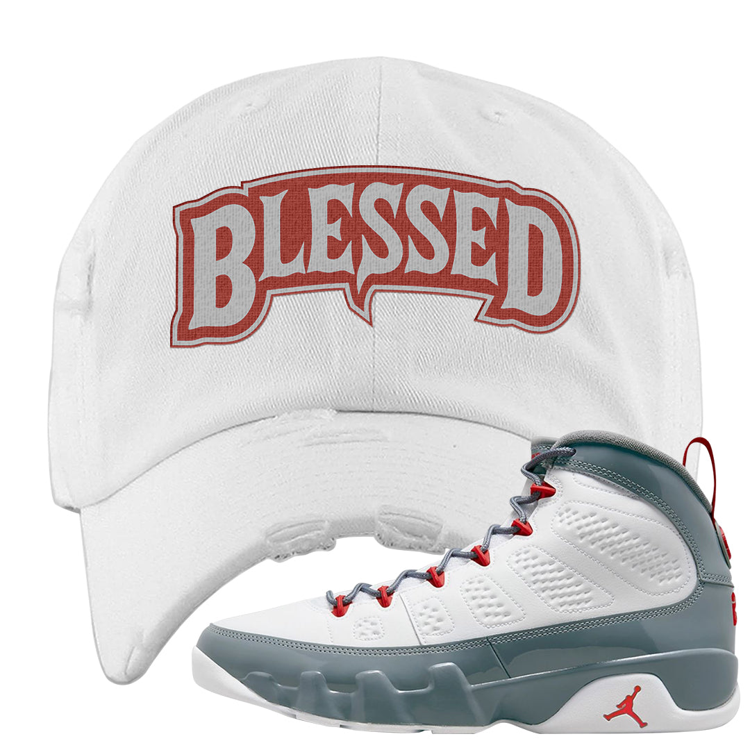 Fire Red 9s Distressed Dad Hat | Blessed Arch, White