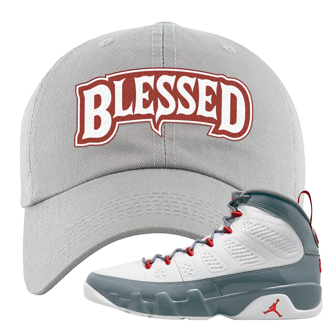 Fire Red 9s Dad Hat | Blessed Arch, Light Gray