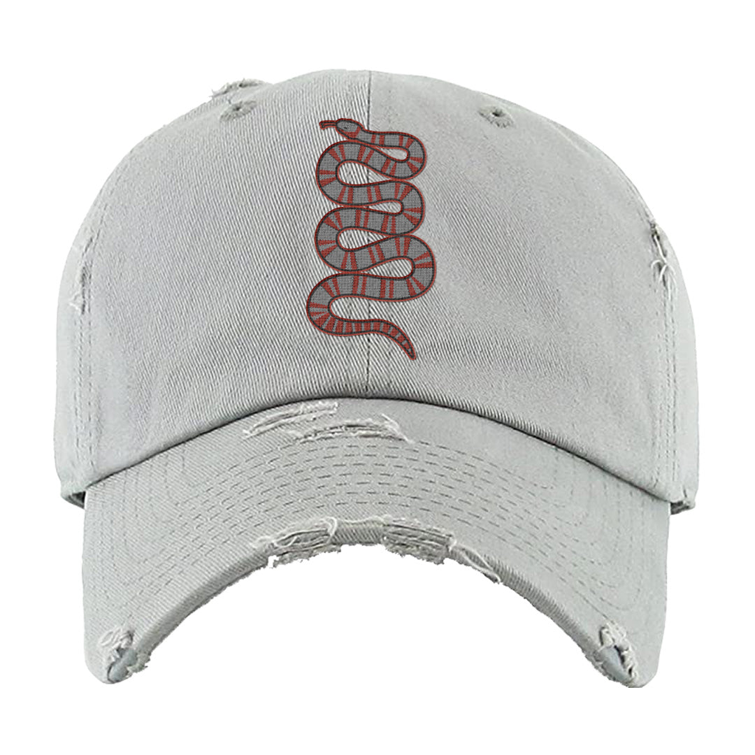 Fire Red 9s Distressed Dad Hat | Coiled Snake, Light Gray