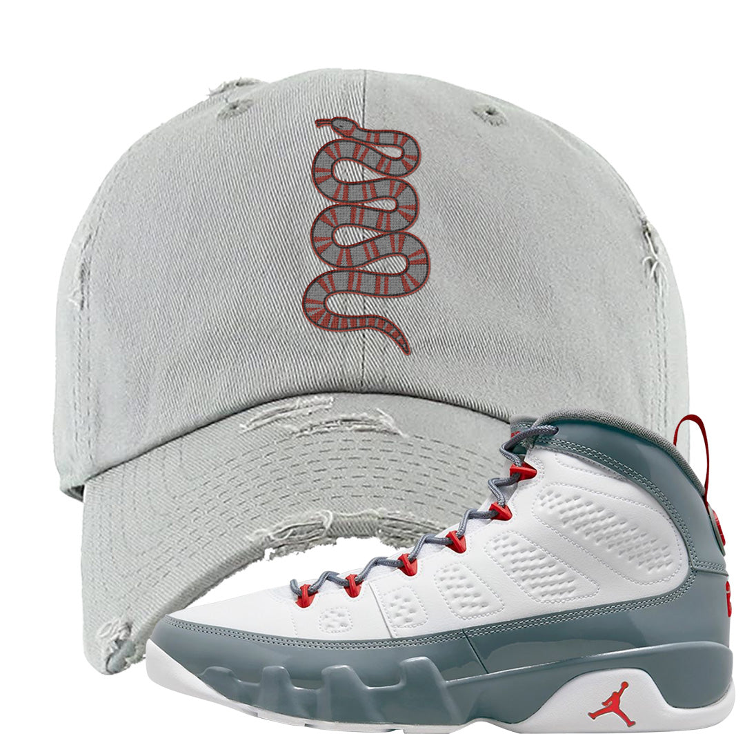 Fire Red 9s Distressed Dad Hat | Coiled Snake, Light Gray