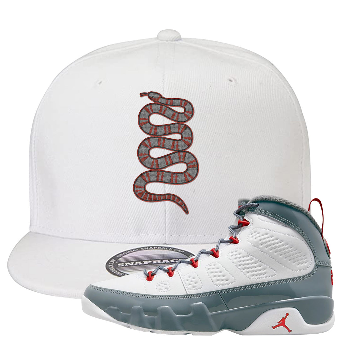 Fire Red 9s Snapback Hat | Coiled Snake, White