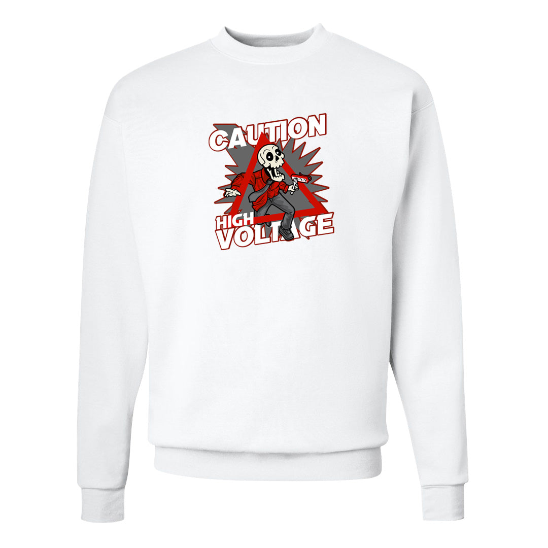 Fire Red 9s Crewneck Sweatshirt | Caution High Voltage, White