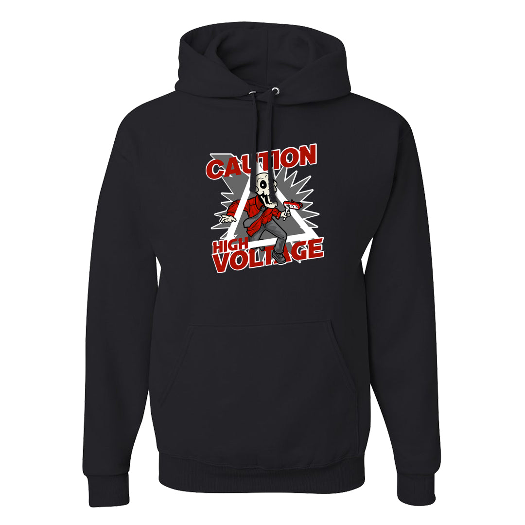 Fire Red 9s Hoodie | Caution High Voltage, Black