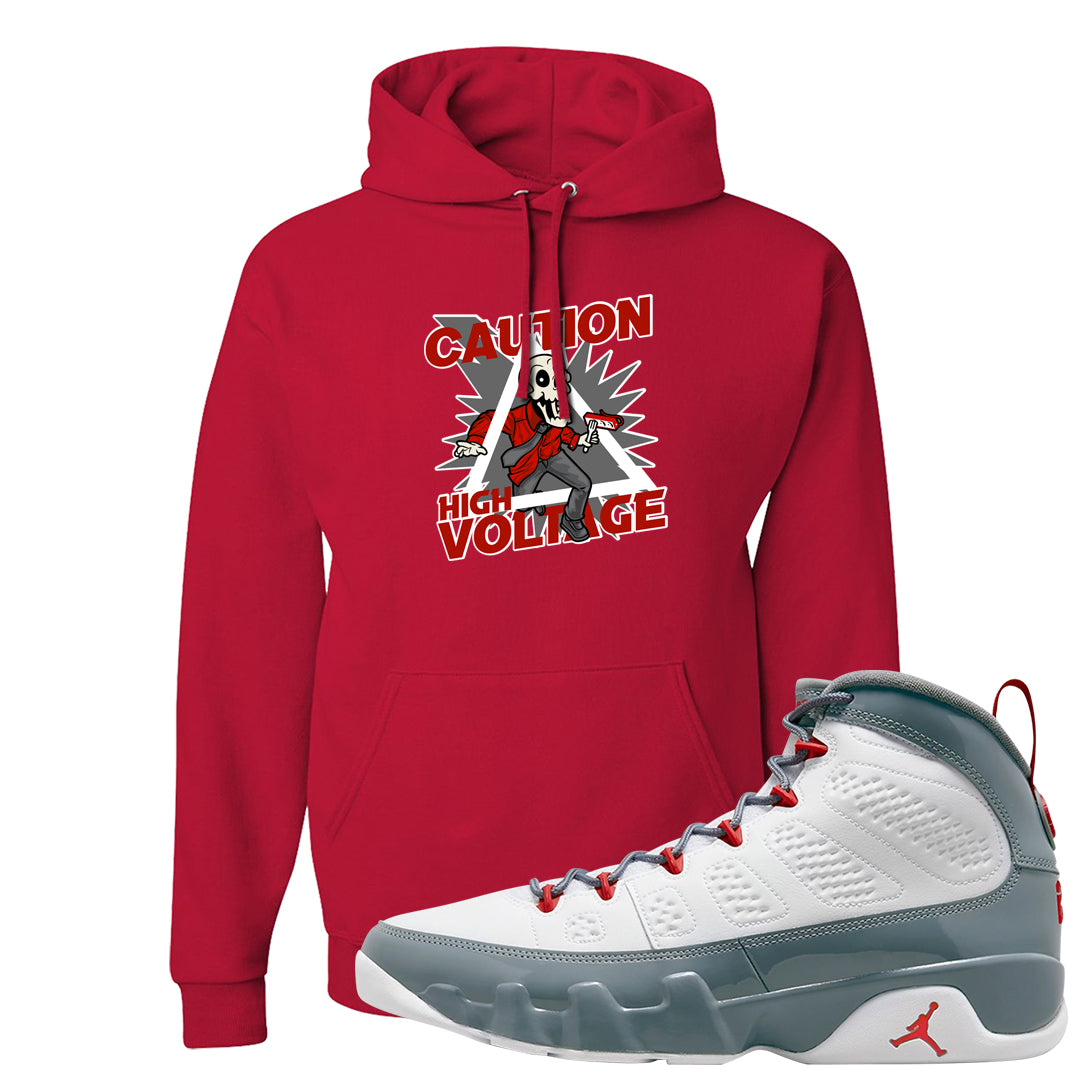 Fire Red 9s Hoodie | Caution High Voltage, Red