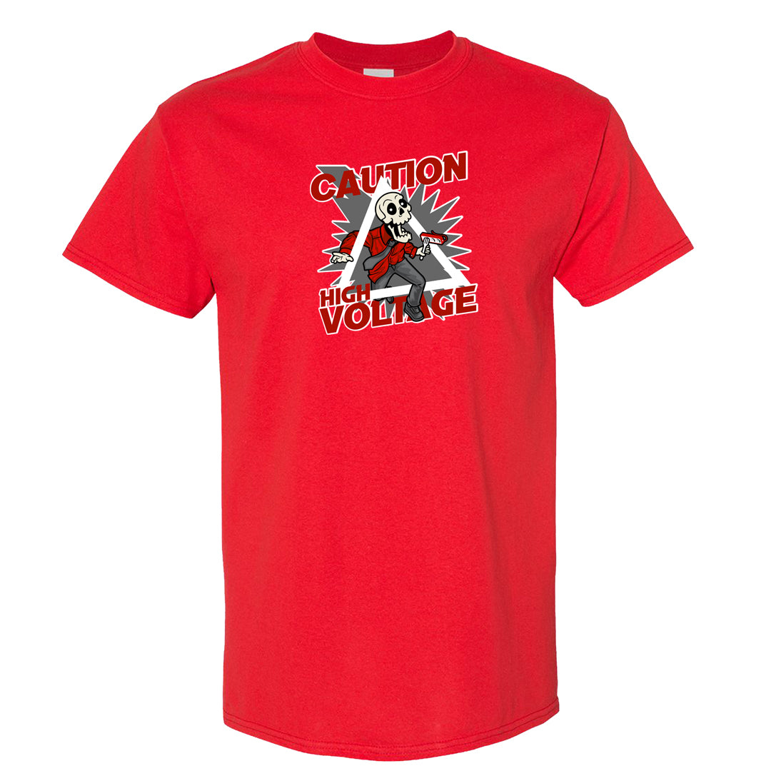 Fire Red 9s T Shirt | Caution High Voltage, Red