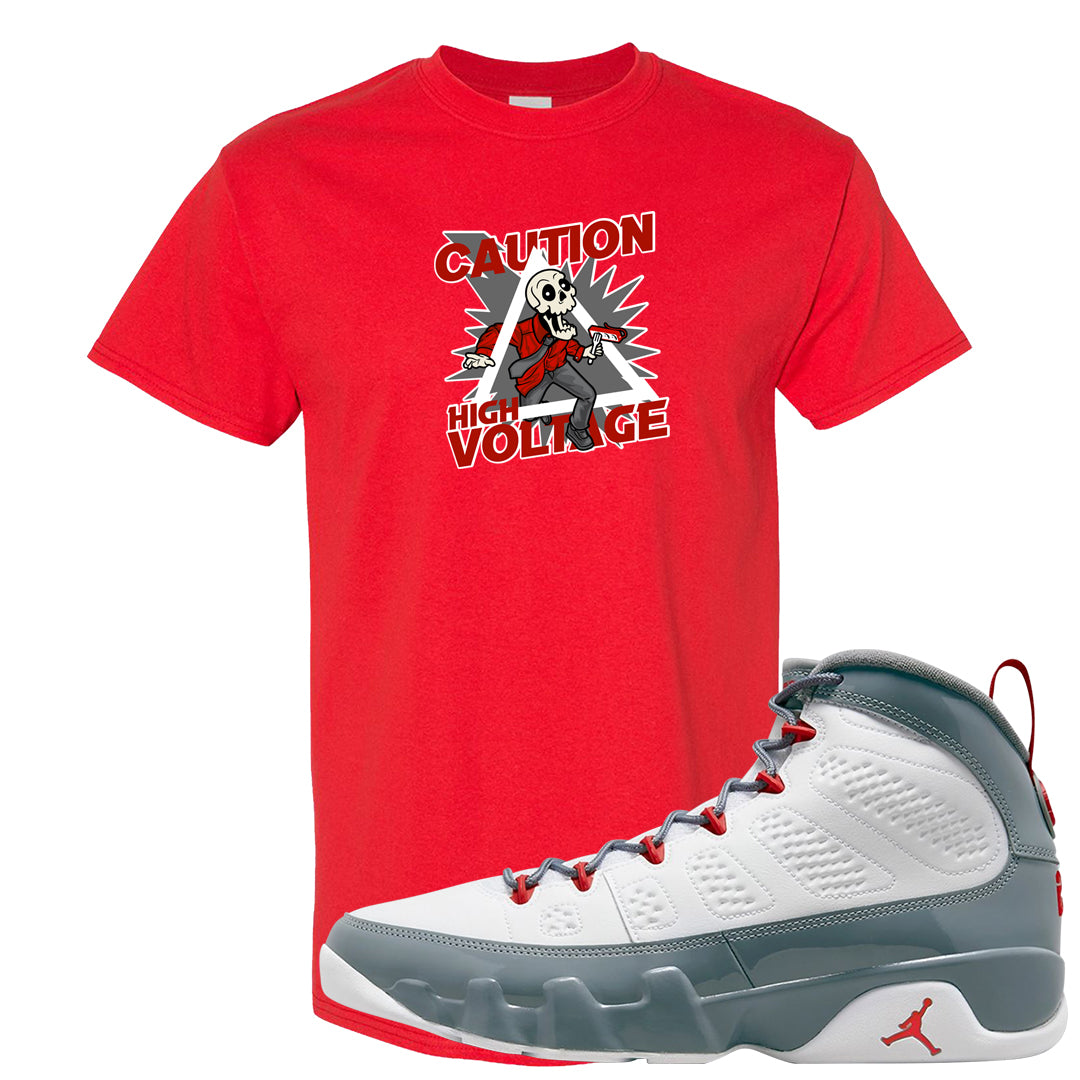 Fire Red 9s T Shirt | Caution High Voltage, Red
