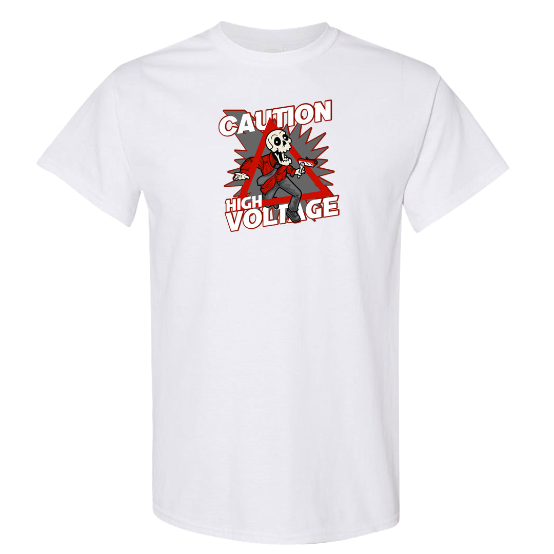 Fire Red 9s T Shirt | Caution High Voltage, White