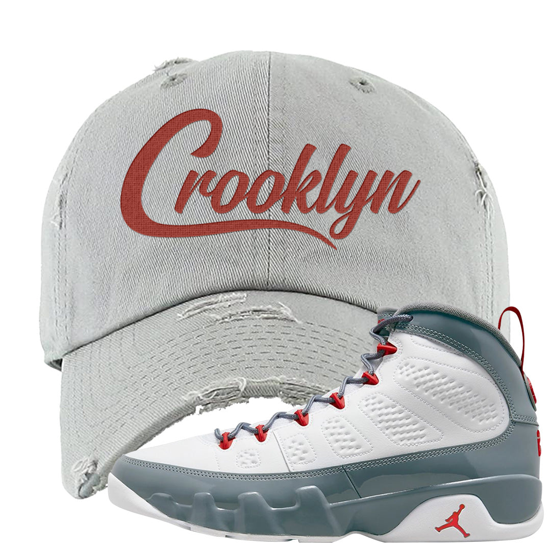 Fire Red 9s Distressed Dad Hat | Crooklyn, Light Gray