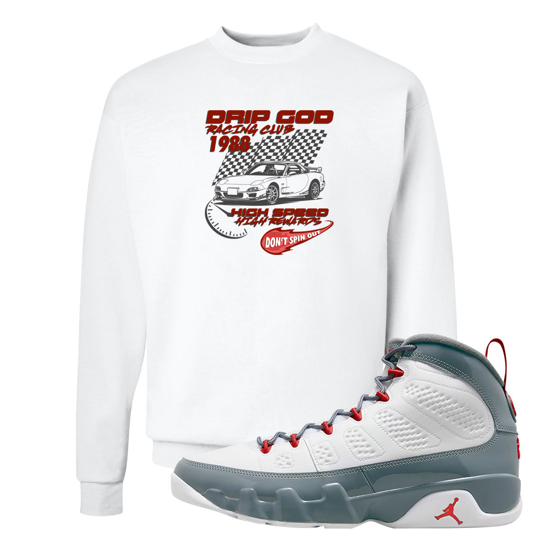 Fire Red 9s Crewneck Sweatshirt | Drip God Racing Club, White