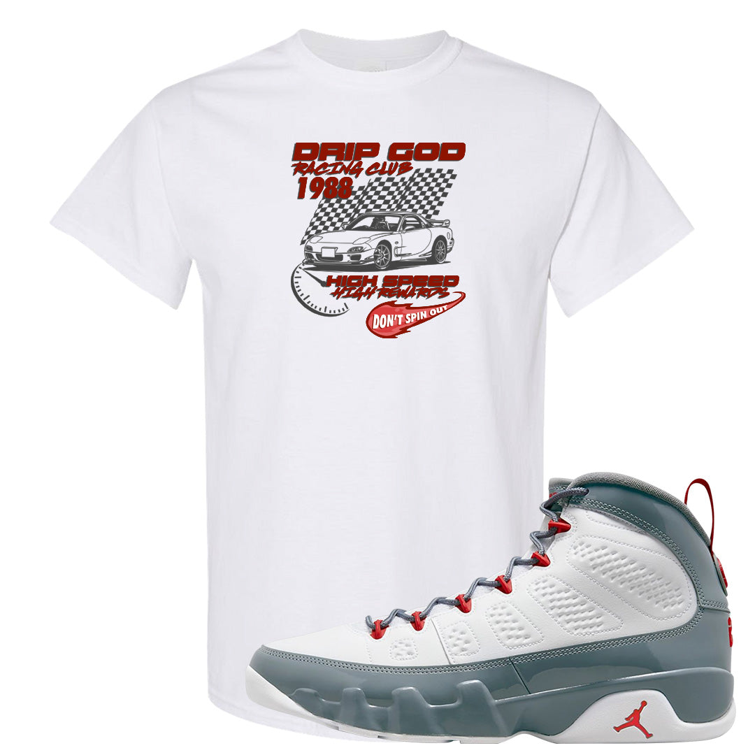 Fire Red 9s T Shirt | Drip God Racing Club, White