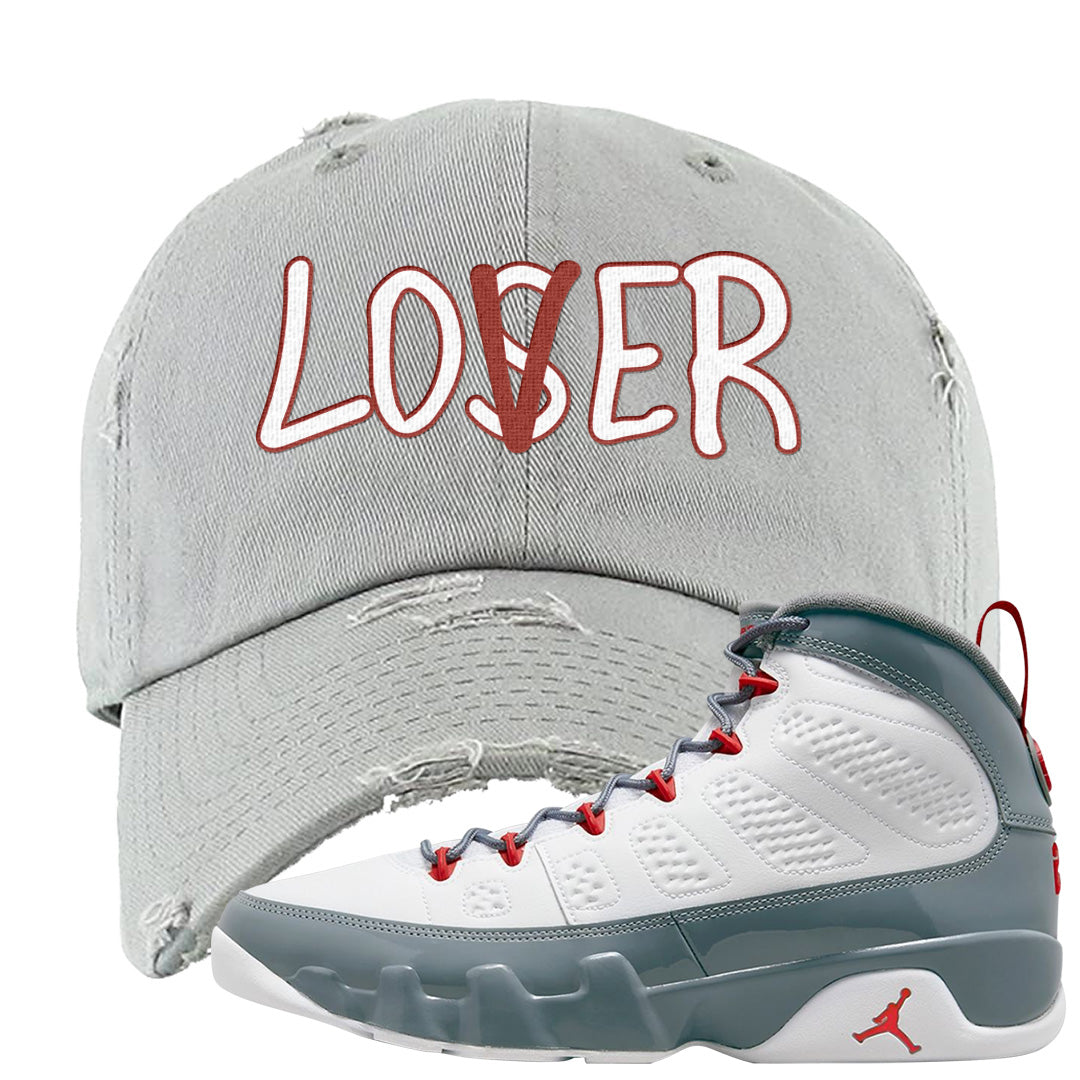 Fire Red 9s Distressed Dad Hat | Lover, Light Gray