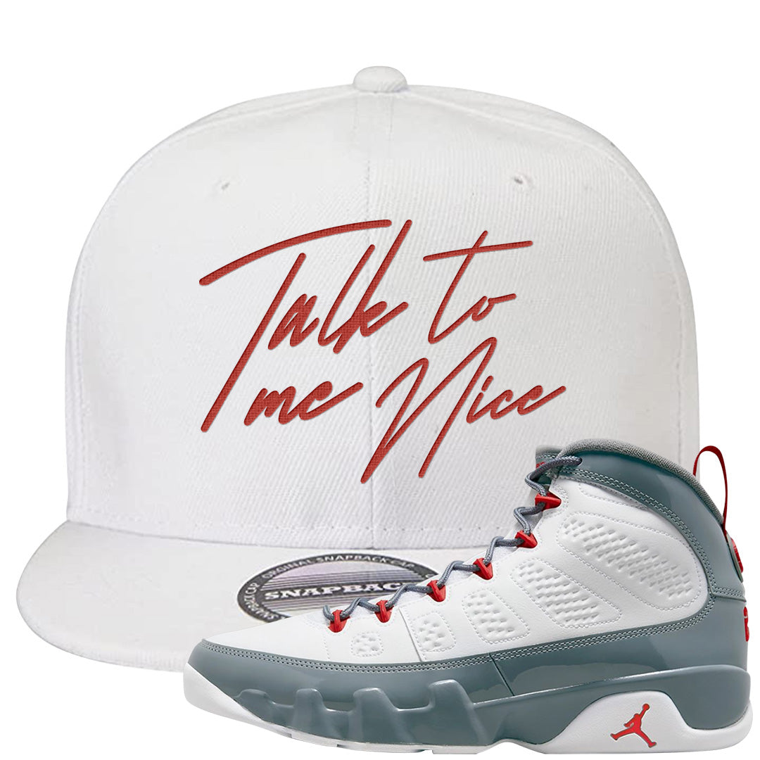 Fire Red 9s Snapback Hat | Talk To Me Nice, White