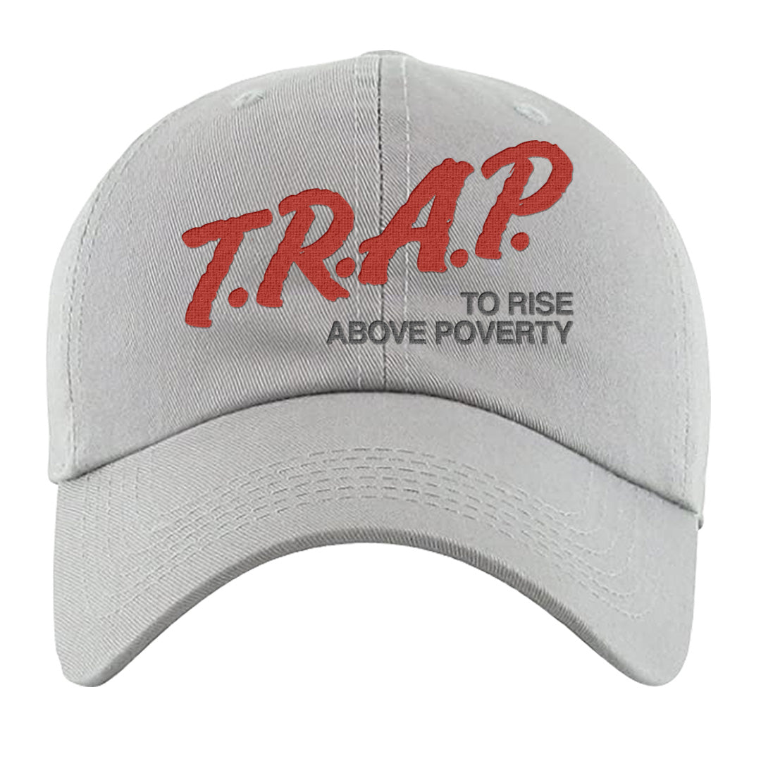 Fire Red 9s Dad Hat | Trap To Rise Above Poverty, Light Gray